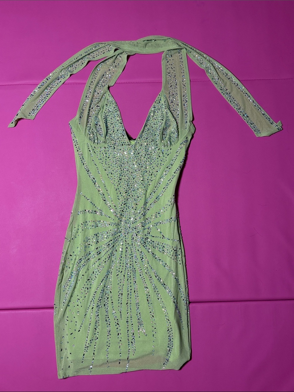 Halter Mini Dress with Crystal Sunburst in Lime Green